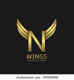 Golden N letter logo template with golden wings