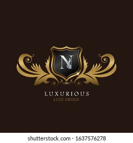 Golden  N Logo Luxurious Shield, creative vector design concept for luxury business indentity.