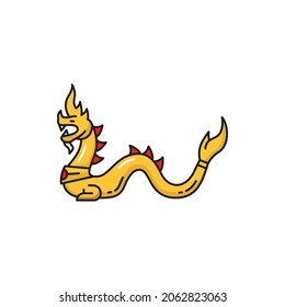 Golden Naga woodcarving, Thailand dragon or snake isolated color line icon. Vector mythical beast, snake serpent creature, oriental culture legendary mythological monster. Japanese religion mascot