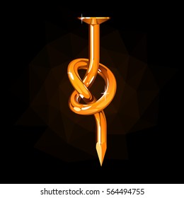 Golden nail knotted on a black background with light and glare