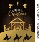Golden Nativity scene with Holy family and Merry Christmas calligraphy on wooden boards. Jesus in manger, Mary, Joseph, wisemen, shepherds, angels and Bethlehem star. Vector illustration