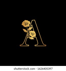 Golden Nature Flower  Initial Letter A  logo icon,  vintage luxury vector design concept outline alphabet letter with  floral flowers  gold color.