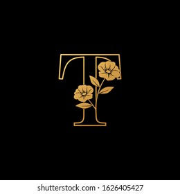 Golden Nature Flower  Initial Letter T logo icon,  vintage luxury vector design concept outline alphabet letter with  floral flowers  gold color.