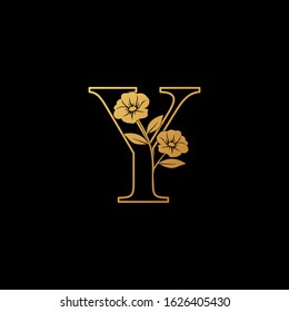 Golden Nature Flower  Initial Letter Y logo icon,  vintage luxury vector design concept outline alphabet letter with  floral flowers  gold color.