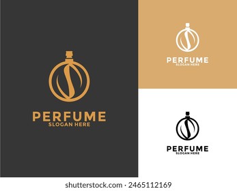 Golden Nature Perfume Bottle with Letter S logo design, Organic Perfume logo vector template