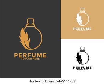 Diseño de logotipo de botella de perfume de Naturaleza dorada, Plantilla de Vector de logotipo de perfume orgánico