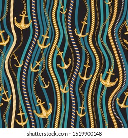 Golden nautical anchors jewelry accessories, striped cables seamless pattern on a black background with turquoise seaweed. Baroque textile silk print. Rope and chains pattern brushes in the palette