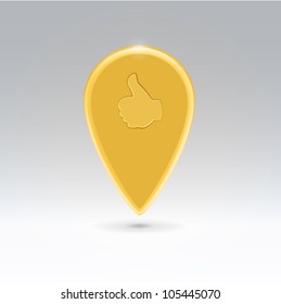 Golden navigation point with thumb up hand on it hanging in space