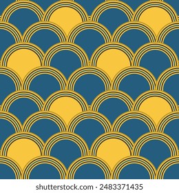 Golden and Navybule Circles Pattern. Seamless Oriental Design for Lunar New Year. Traditional Asian Elegance in Modern Geometric Texture. Vintage Retro Background for Premium Decorative Design.