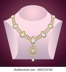 Golden Necklace with Gold and Diamonds Jewelry for Fashion, Wedding or gift for the bride