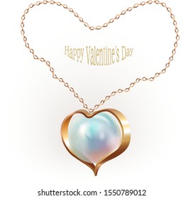 Golden necklace with an opalite pendant and Happy Valentine's Day wording, isolated on a white background. Vector illustration