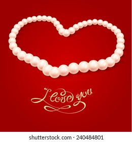 Golden necklace with a pearl pendant, isolated on a red background. Valentine's Day gift. Vector illustration