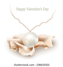 Golden necklace with a pearl pendant and a shell, isolated on a white background. Valentine's Day gift. Vector illustration