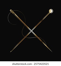 Golden needle with thread and pin, sewing symbol