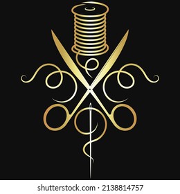Golden needle and thread. Scissors seamstress silhouette. Tailor business symbol