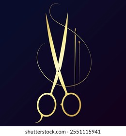 Golden needle with thread and scissors, sewing design