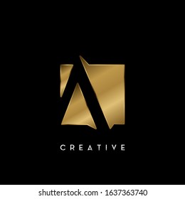 Golden Negative Space A letter Logo.  Creative design concept geometric shape with negative space letter A logo for initial, technology or business identity.