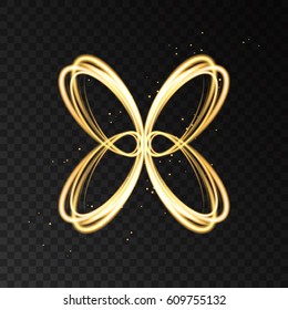 Golden  neon abstract butterfly silhouette isolated on transparent background. Light  effect  with laser beams. Vector  gold  logotype.

