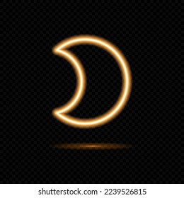 Golden neon crescent moon isolated on dark background. Line luna icon with glowing backlight effect. Luminous vector illustration.