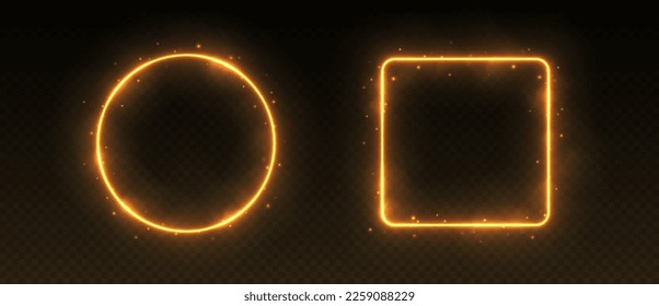 Golden neon frames with smoke and sparkles, fire borders concept. Circle and rectangle avatar frames for game UI. Vector illustration.