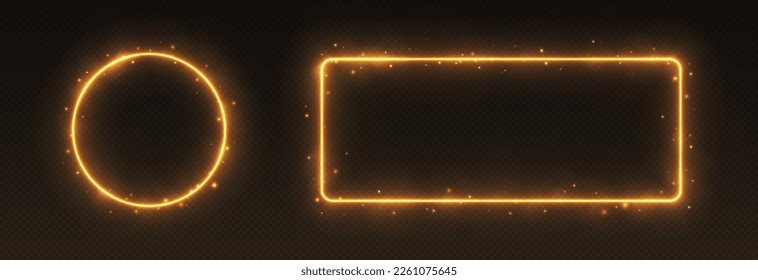 Golden neon frames with smoke and sparkles, fire borders concept. Circle and rectangle glowing elements for game UI. Vector illustration.