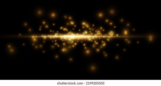Golden neon glowing beam of light exploded, star, explosion with dust and sparkles on a black background.