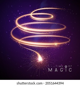 Golden neon glowing shiny spiral trail on night sky abstract background. Vector illustration