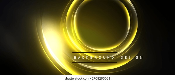 Golden neon layers create abstract circular design. Dark background emphasizes bright luminosity, modern aesthetic.