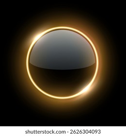 Quadro redondo de luz de néon dourado com superfície de vidro brilhante. Botão amarelo com iluminação futurista. Ilustração vetorial abstrata para design de interface do usuário, elementos de ficção científica, interfaces tecnológicas modernas.
