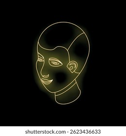 Golden neon light showing stylized female face with short hair, representing beauty, fashion, and ai