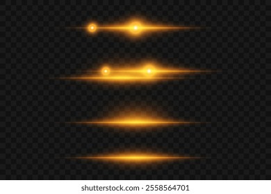 Golden neon lines, light and glare effect, horizontal beam. On a transparent background.