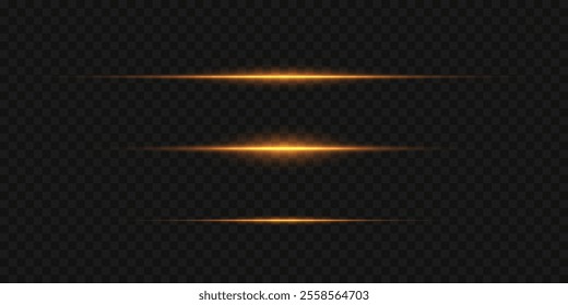 Golden neon lines, light and glare effect, horizontal beam. On a transparent background.