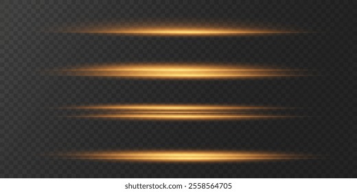 Golden neon lines, light and glare effect, horizontal beam. On a transparent background.