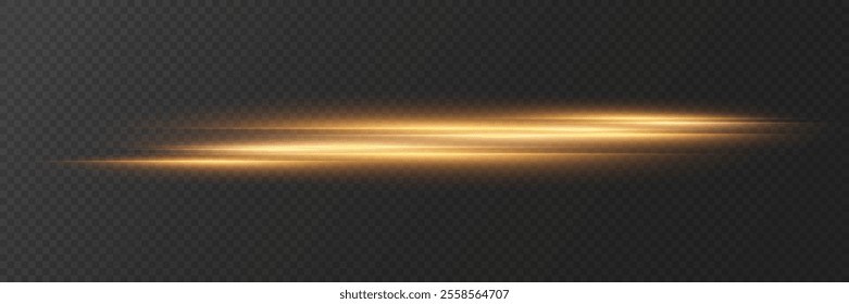 Golden neon lines, light and glare effect, horizontal beam. On a transparent background.