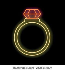 Golden neon ring with red diamond shining on black background
