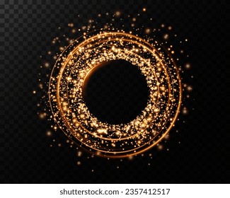 Golden neon ring. Round shape with small particles of golden dust and lights, shiny frame on an isolated and transparent background.