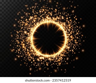 Golden neon ring. Round shape with small particles of golden dust and lights, shiny frame on an isolated and transparent background.