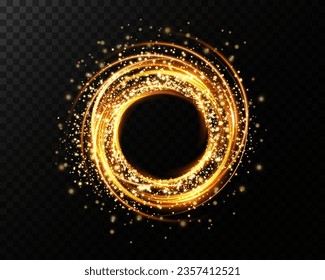 Golden neon ring. Round shape with small particles of golden dust and lights, shiny frame on an isolated and transparent background.