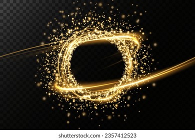 Golden neon ring. Round shape with small particles of golden dust and lights, shiny frame on an isolated and transparent background.