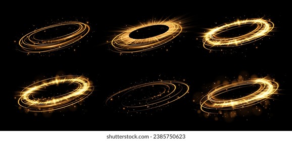 Golden neon ring. Round shape with small particles of golden dust and lights, shiny frame on an isolated and transparent background.