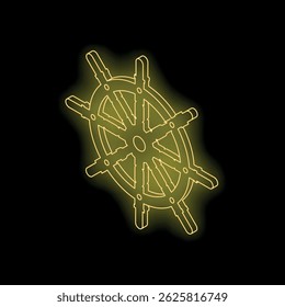 Golden neon ship wheel shining on a dark background, representing maritime navigation, control, and leadership