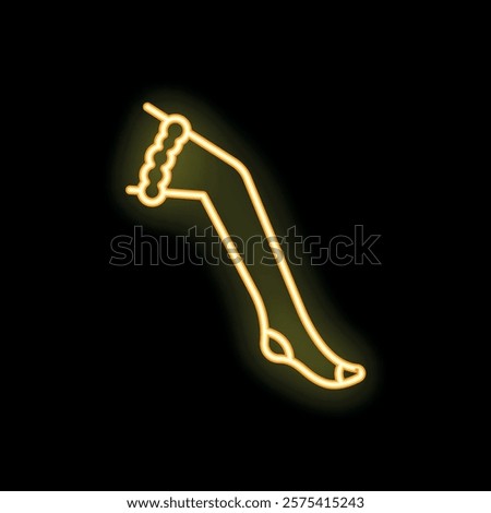 Golden neon sign representing a woman's leg wearing fishnet stockings, symbolizing femininity, beauty, and seduction