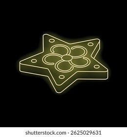 Golden neon star is shining on black background, creating a festive and magical atmosphere