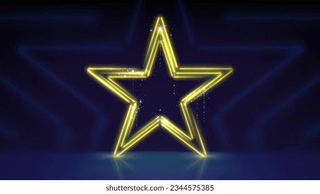 Estrellas de neón dorado, estrella brillante. Etapa. Antecedentes azules para la ceremonia de premiación. Estrella de neón brillante dorada, líneas de plomo. Luz de escenario, fondo para mostrar productos. Ilustración del vector