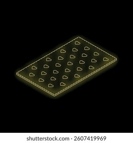 Golden neon style isometric view of a cracker with hearts on a black background