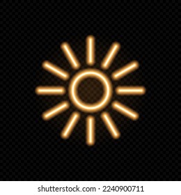 Golden neon sun isolated on black background. Line sun icon with glowing backlight effect. Luminous vector illustration.