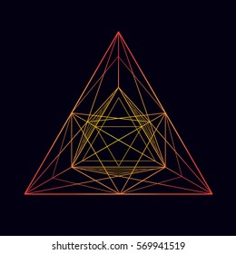 Golden neon vector sketch of a tattoo fire triangle, square, polygon with white spider webs and mesh. Vector image on white background.