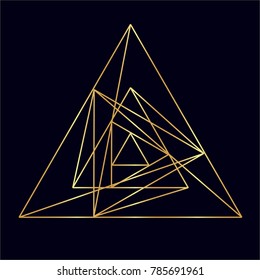 Golden neon vector sketch of a tattoo fire triangle rose mandala. Vector image on dark background.
