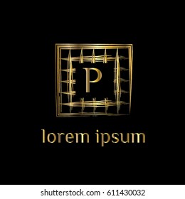 Golden net vector logo design letter P. Striped frame