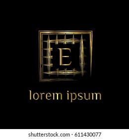 Golden net vector logo design letter E. Striped frame